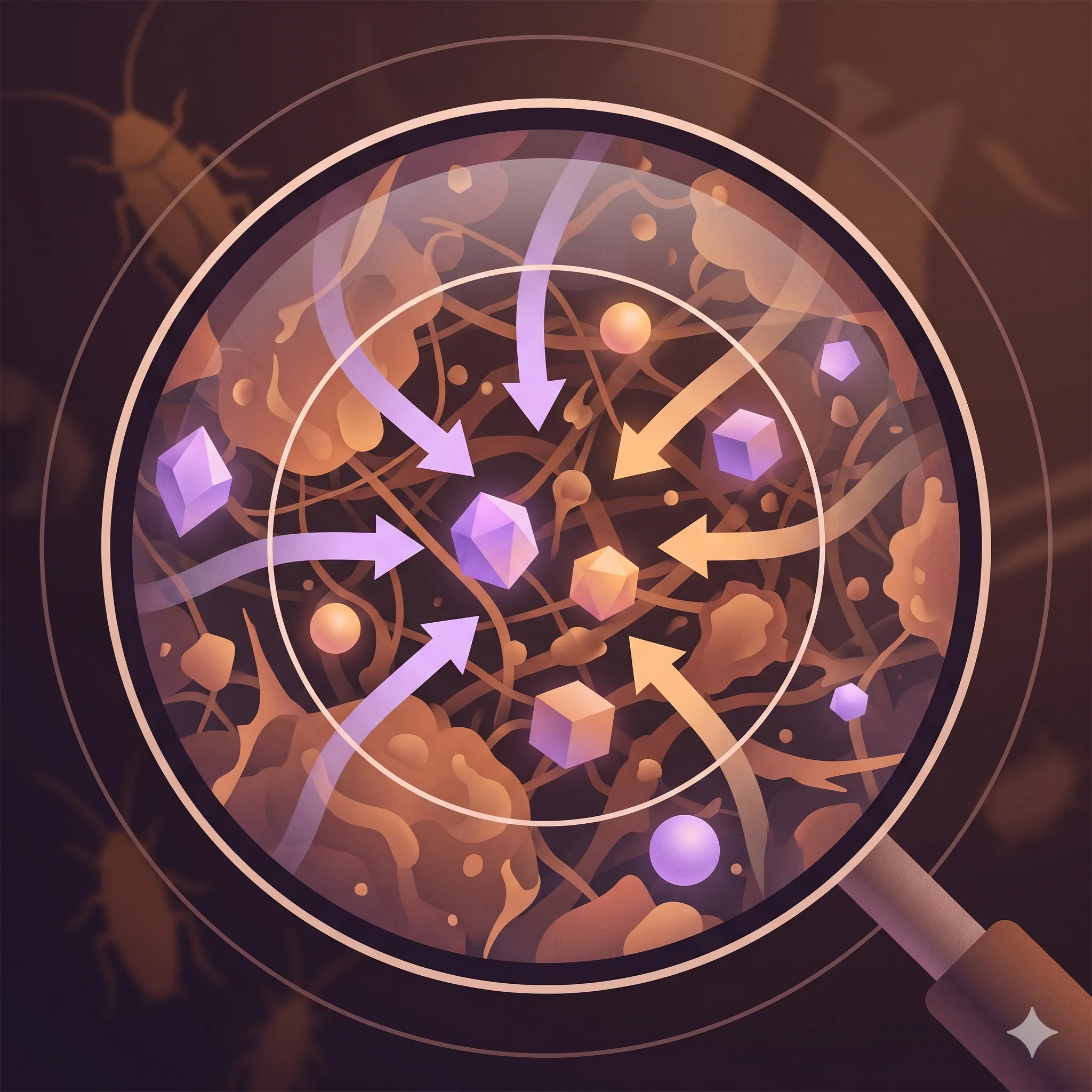 Conceptual editorial illustration of magnified household dust particles with a faint cockroach silhouette in the background, suggesting microscopic allergen exposure