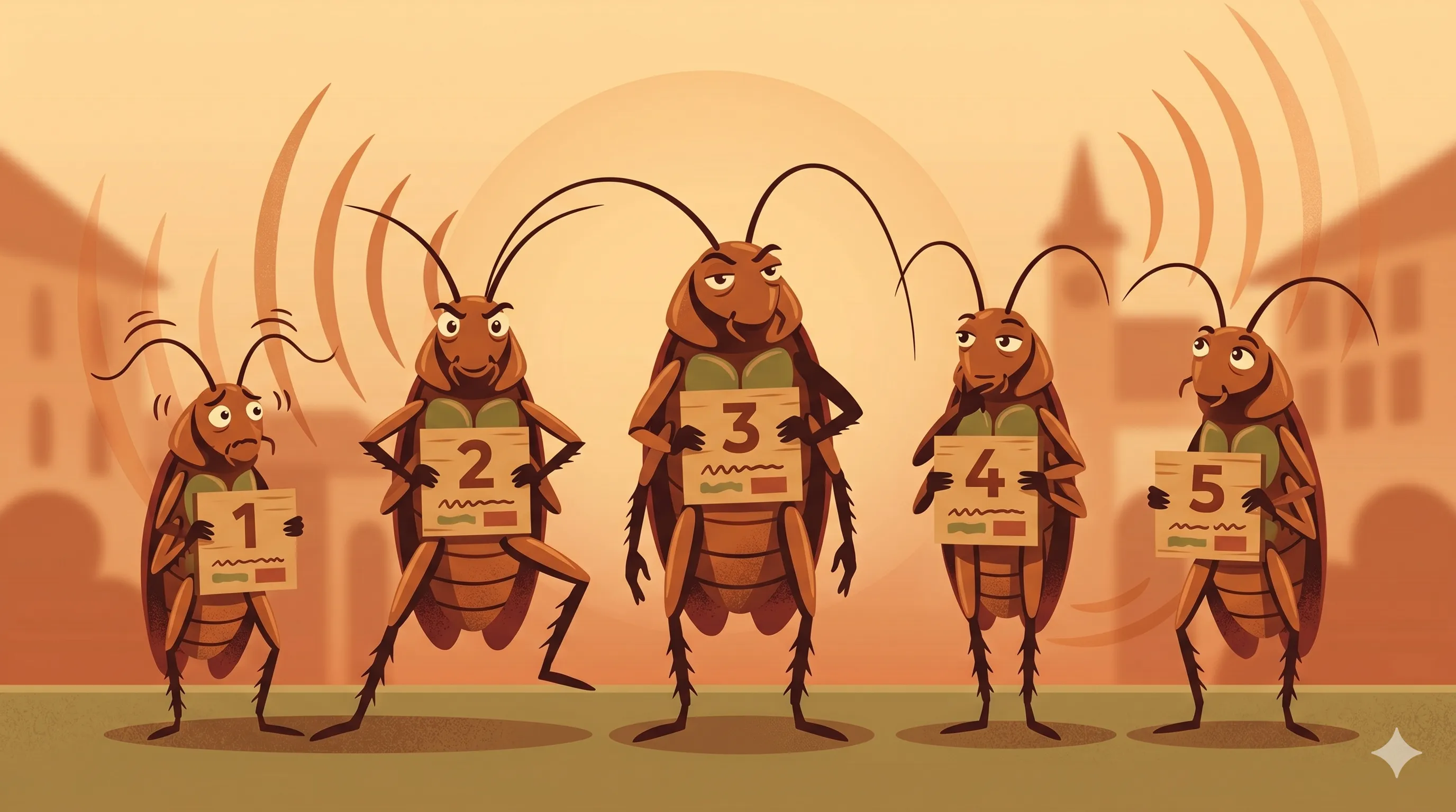 Editorial illustration of five cockroaches standing in a row, each holding a small numbered placard