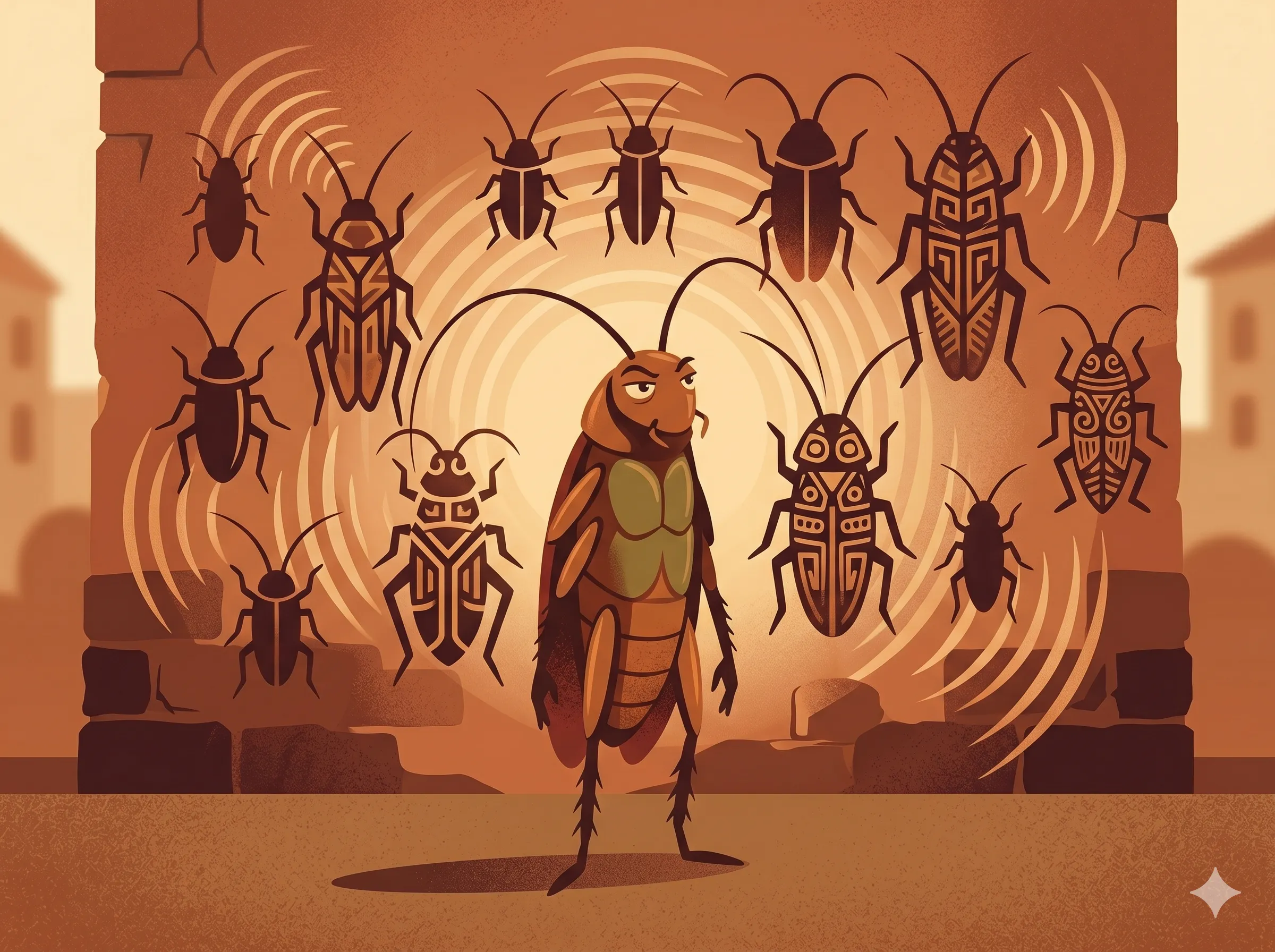 Editorial illustration of a single cockroach standing in front of a wall covered with stylised cockroach silhouettes, like street art