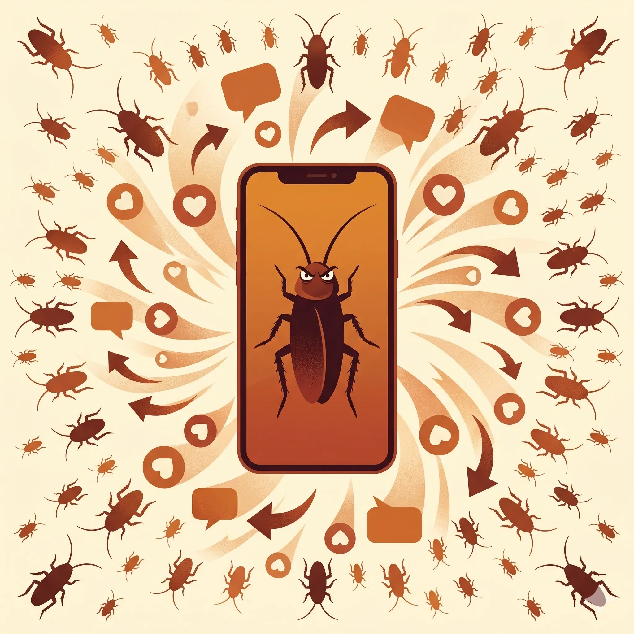 Editorial illustration of a phone screen with a cockroach silhouette inside, surrounded by floating share and comment icons
