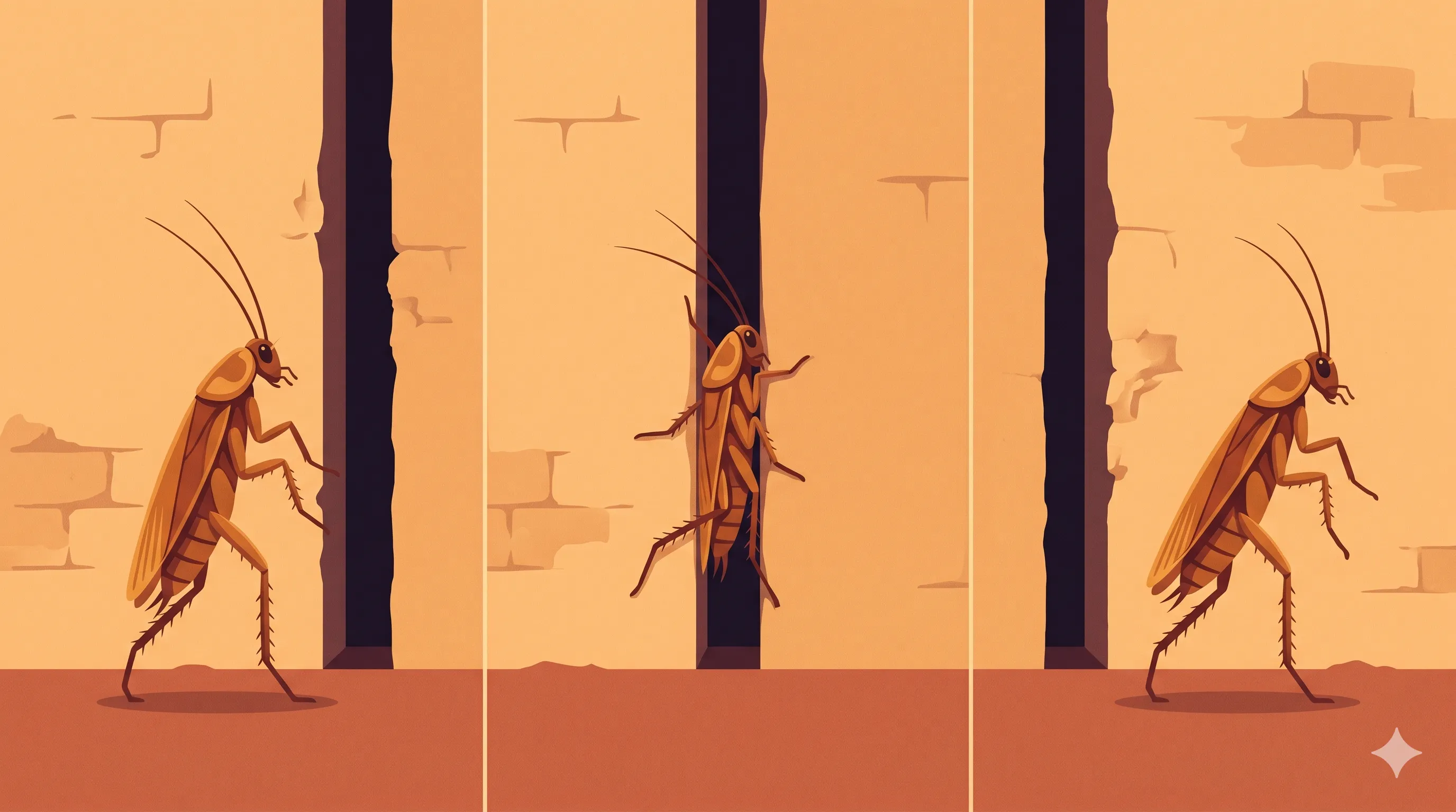 Editorial illustration in three horizontal panels showing a stylised cockroach navigating a narrow vertical gap in a sand-coloured wall: panel one shows the cockroach approaching at full body height, panel two shows it mid-squeeze inside the gap with its body compressed and reoriented, panel three shows it emerged on the other side at full size again