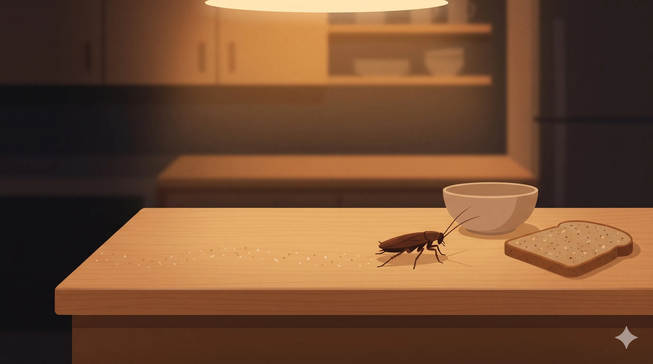 Editorial illustration of a cockroach mid-walk across a kitchen counter at night, leaving a faint trail of dots representing pathogens, soft amber lighting