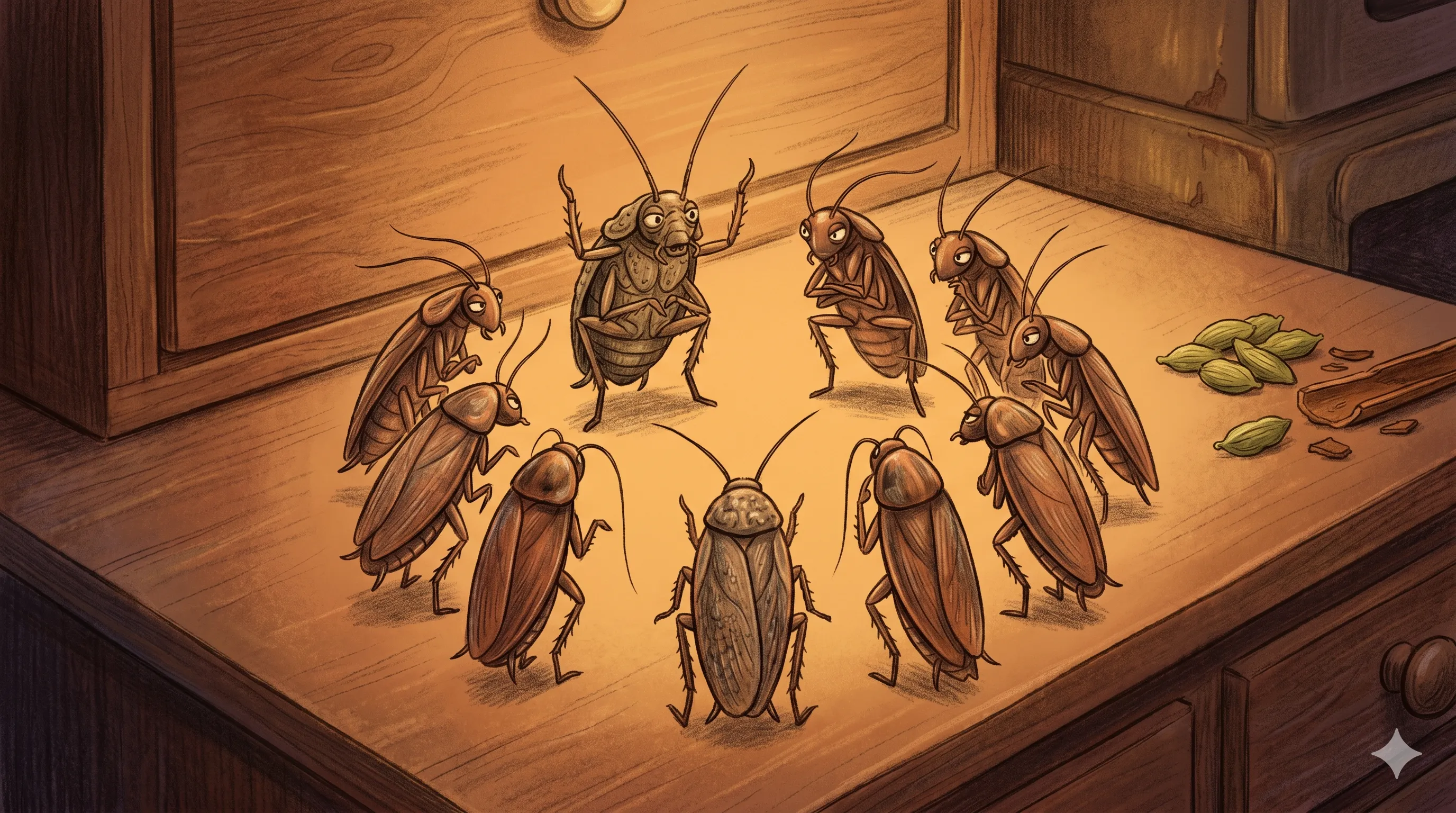 Editorial illustration of a circle of cockroaches gathered in council behind a spice cabinet, one elder addressing the others