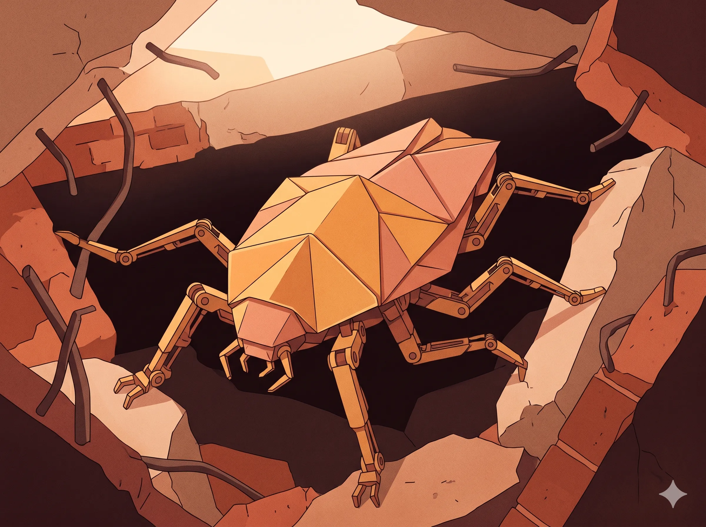 Editorial illustration of an origami-style robot inspired by cockroach anatomy, viewed from a slightly elevated angle as it navigates between cracked rocks and rubble, rendered in warm terracotta and ochre tones with visible faceted plate construction on its body and articulated jointed legs