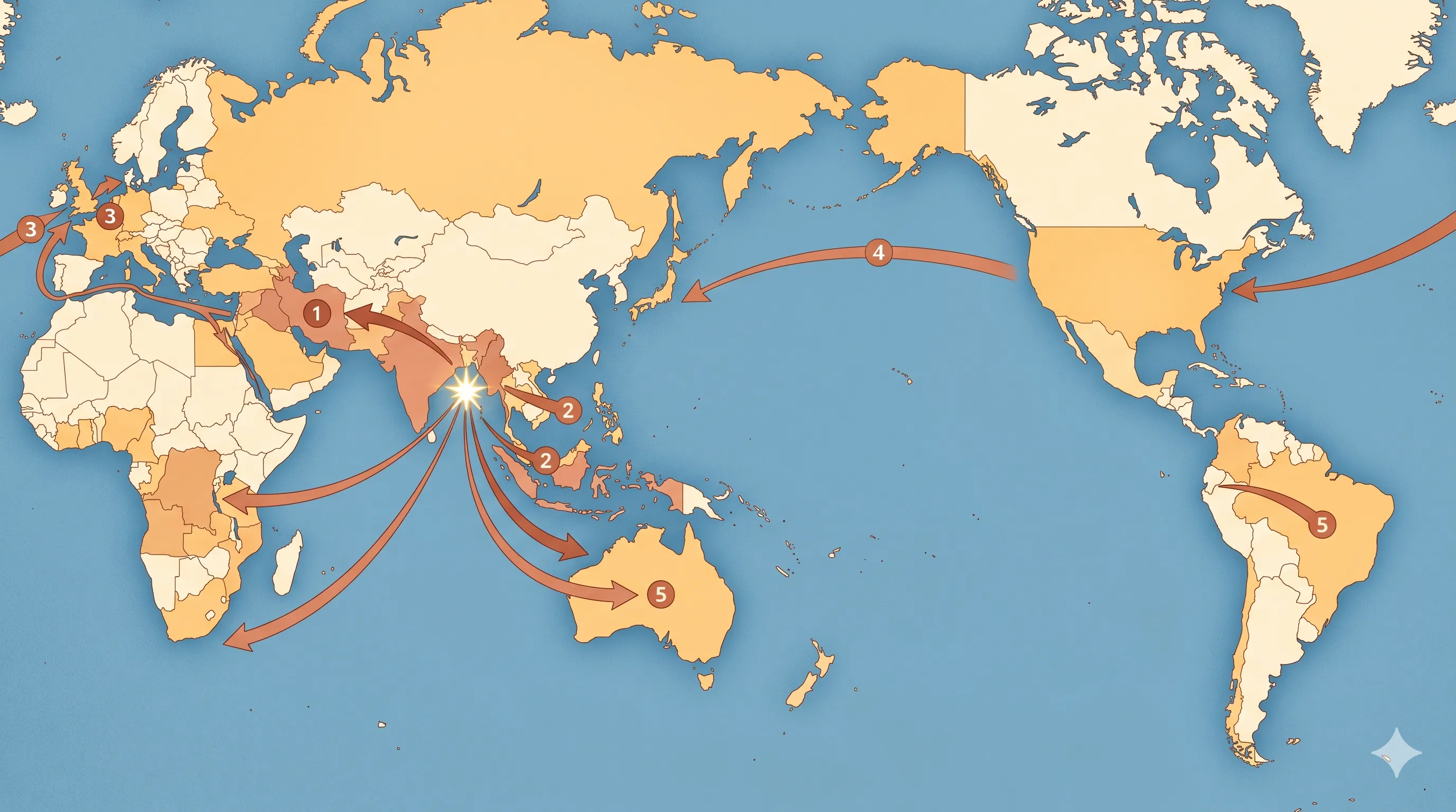 Editorial illustration of a stylised world map in warm amber and terracotta tones, with a glowing origin starburst on the Bay of Bengal coastline and five numbered migration arrows radiating outward across Asia, the Middle East, Europe, the Americas, and Australia