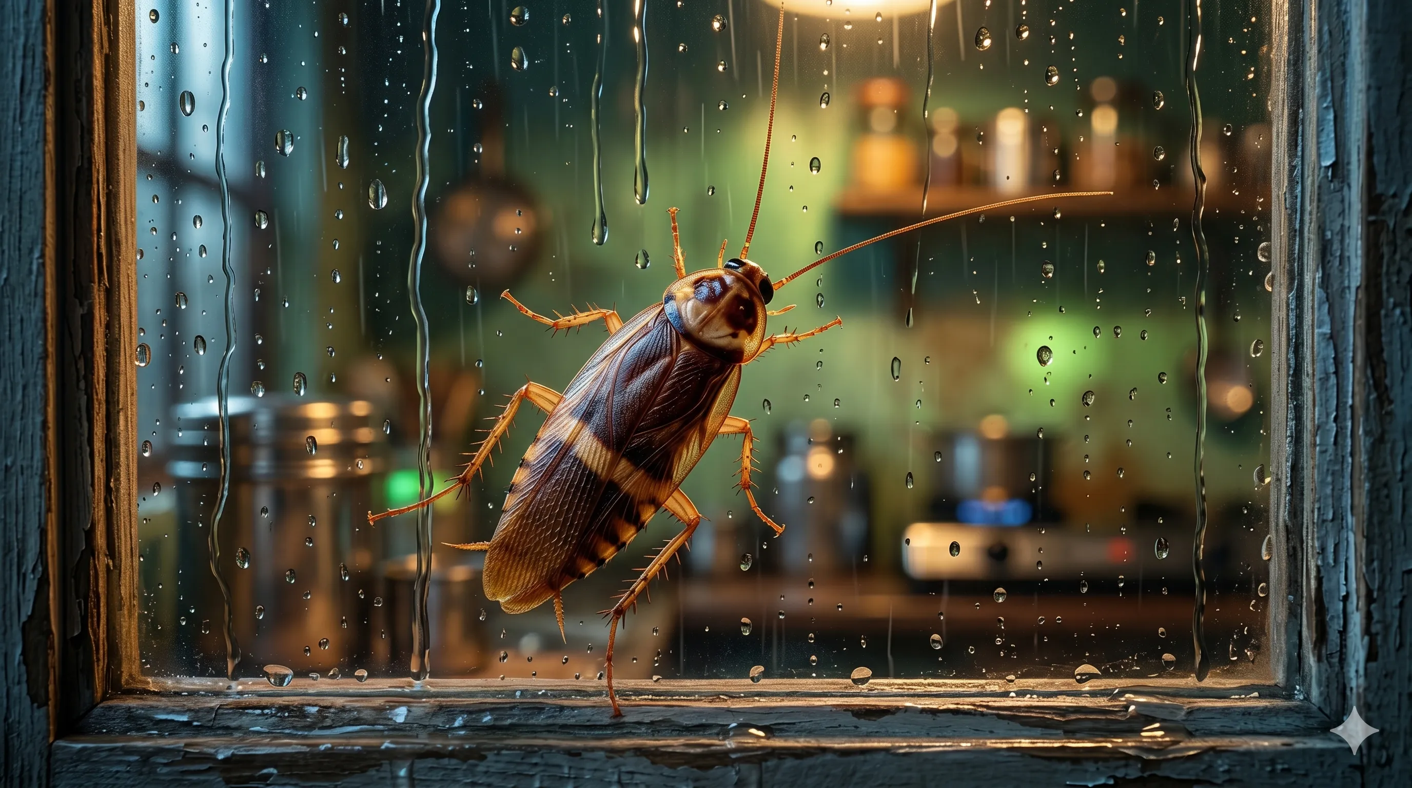 Atmospheric photo of a rain-streaked Indian kitchen window at night with a cockroach climbing the frame