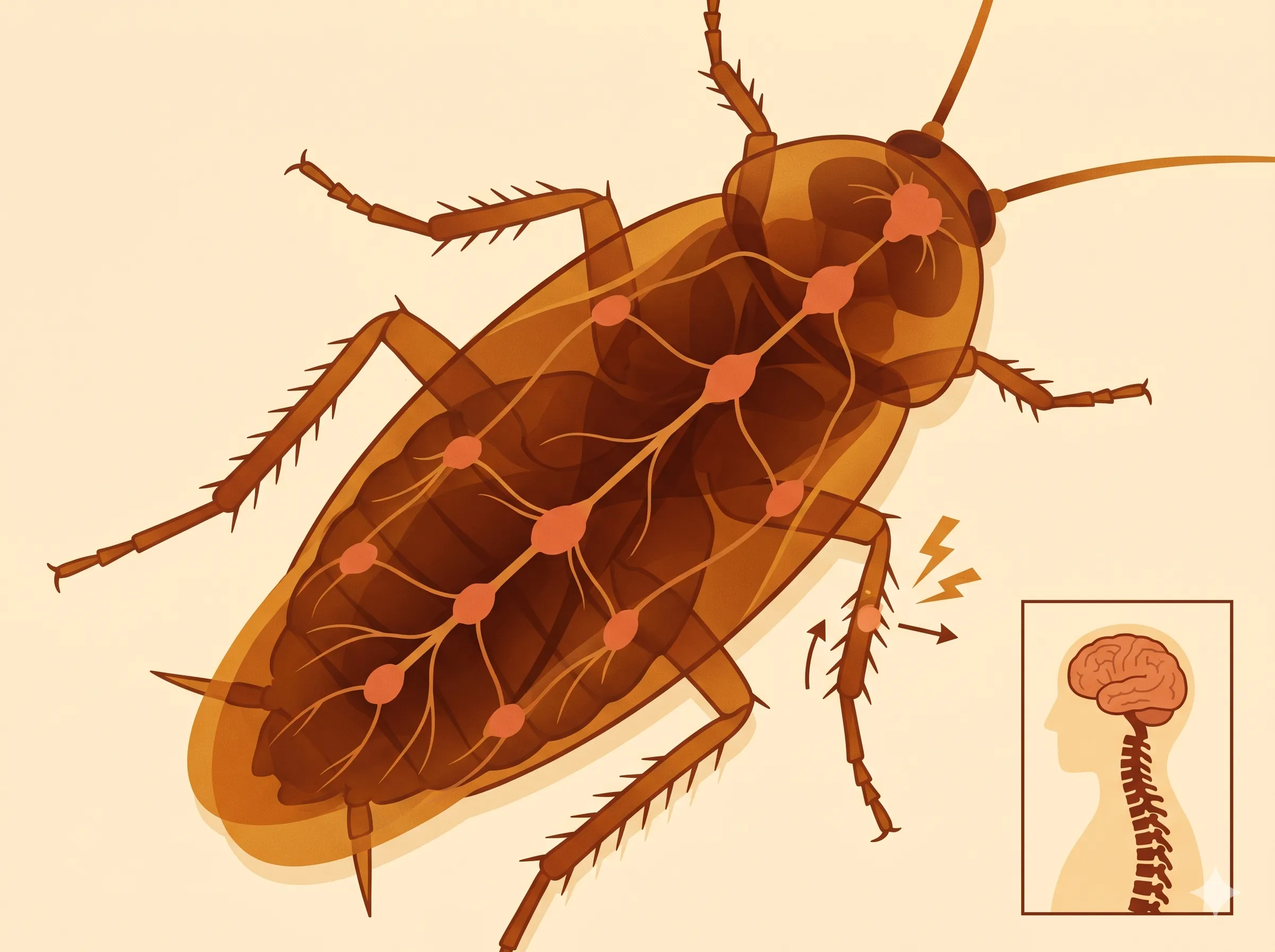 Editorial diagram of a cockroach viewed from above with distributed ganglia visible as glowing nodes connected by neural pathways throughout the body, with a small inset showing a human head with concentrated brain and spine for contrast