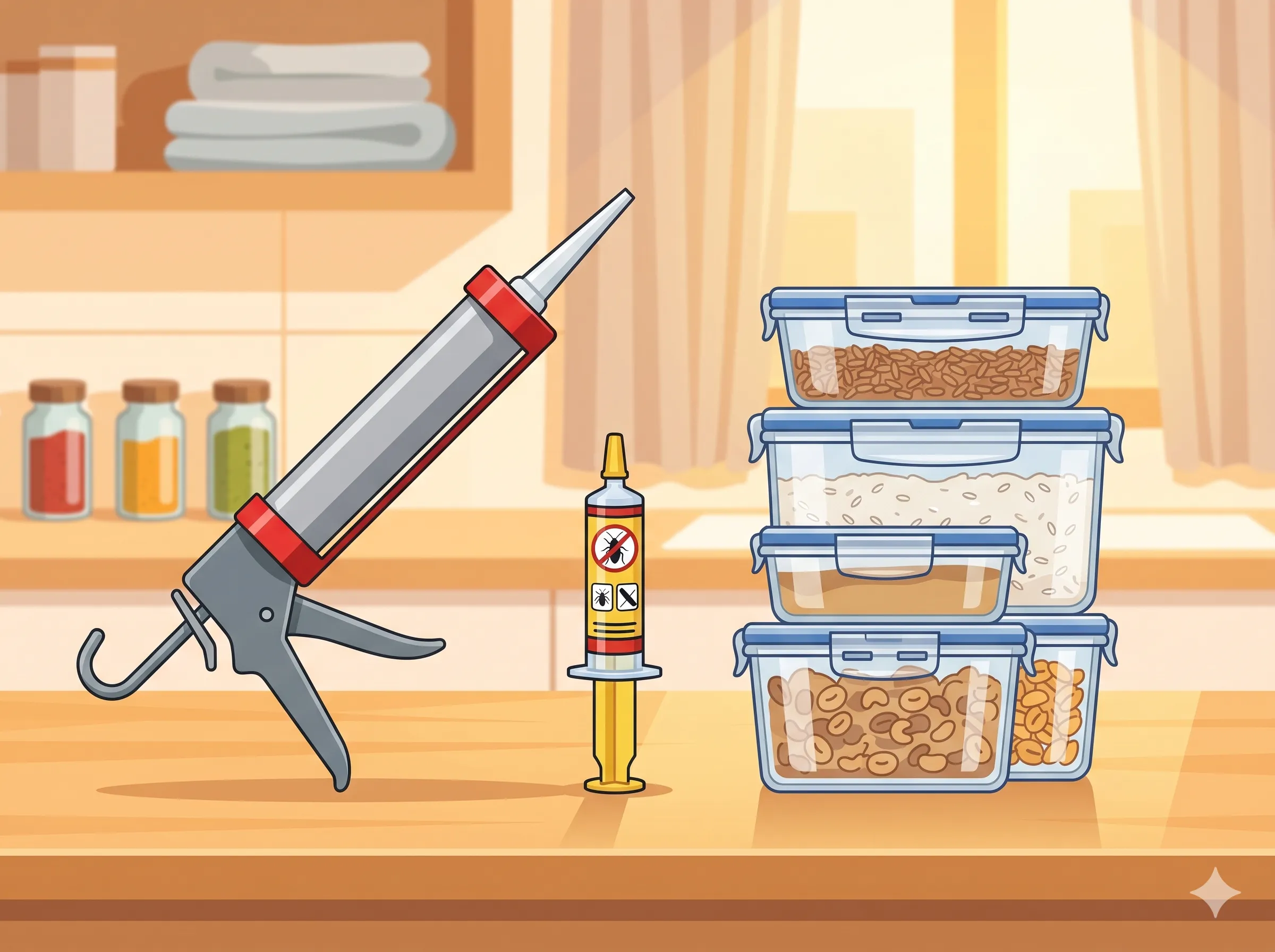 Editorial illustration of a clean kitchen counter with practical prevention tools - caulking gun, gel bait syringe, and clear airtight food storage containers, warm light