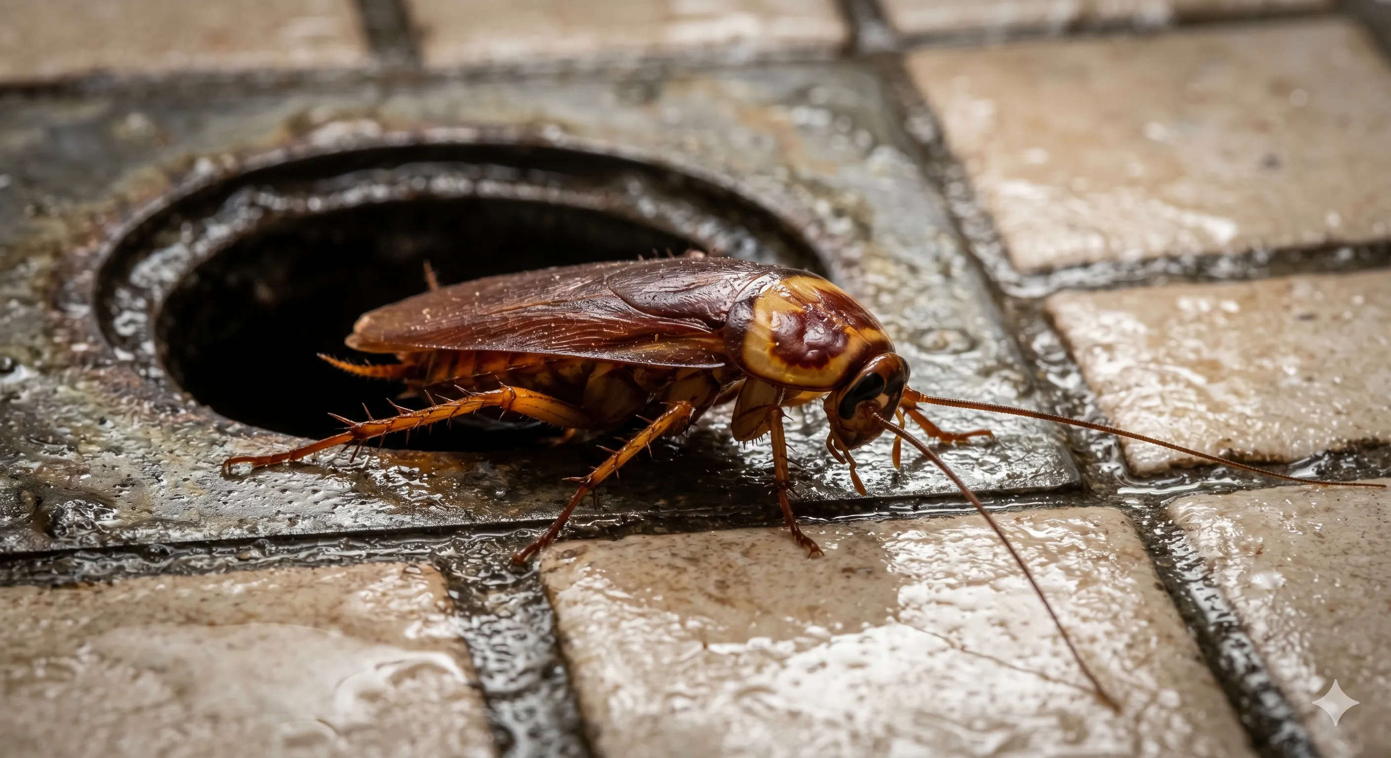 Macro photograph of an American cockroach with a yellow-bordered pronotum emerging from a tiled bathroom drain