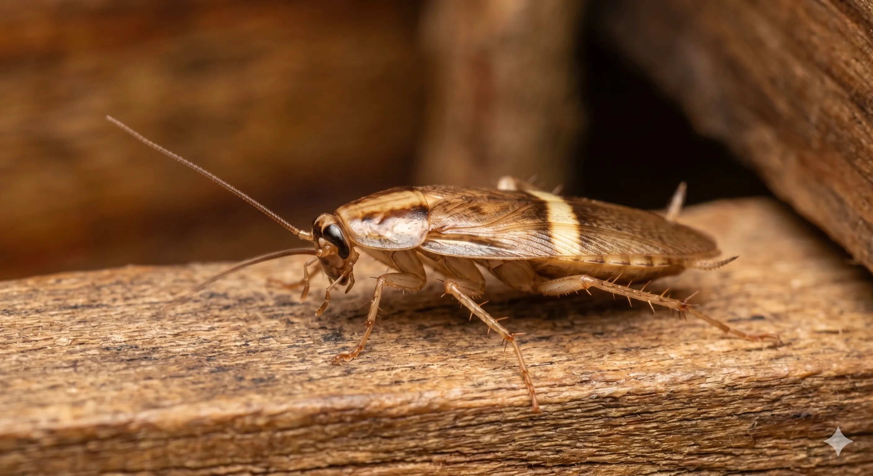 Macro photograph of a small brown-banded cockroach with pale bands across its wings, on a wooden cabinet