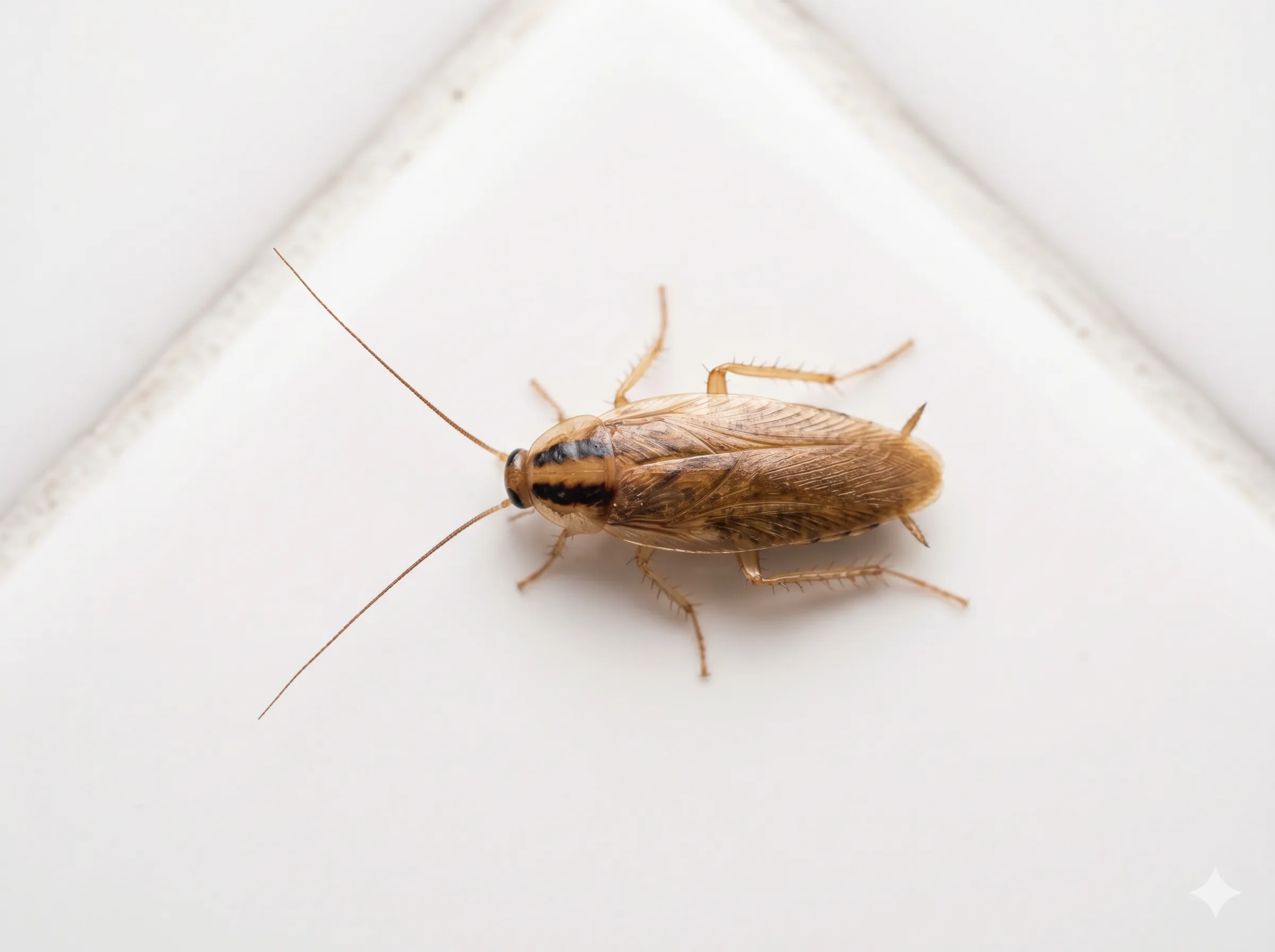 Macro photograph of a German cockroach with two dark stripes on its pronotum, on a white tile floor