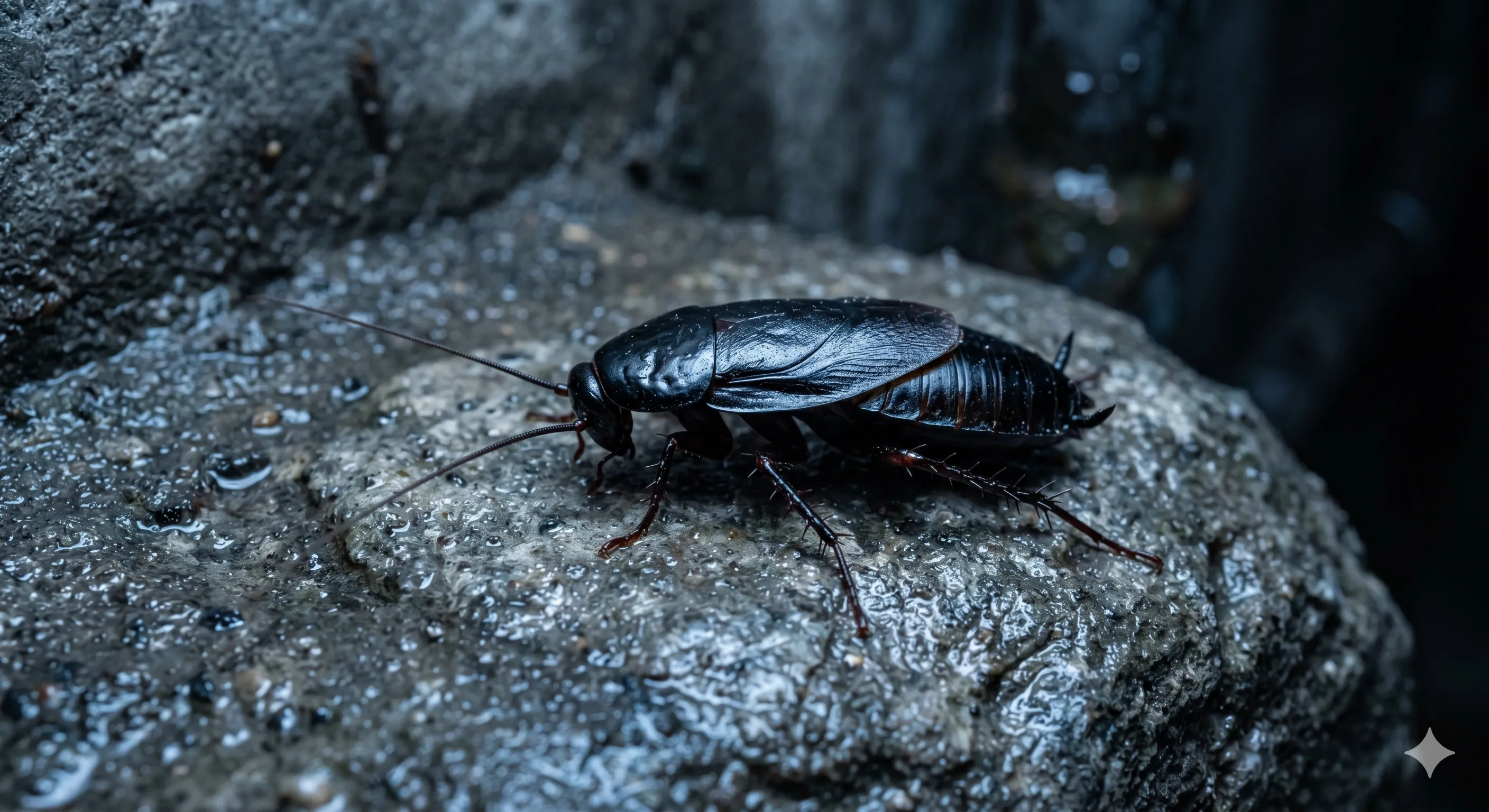 Macro photograph of a glossy black Oriental cockroach on damp stone