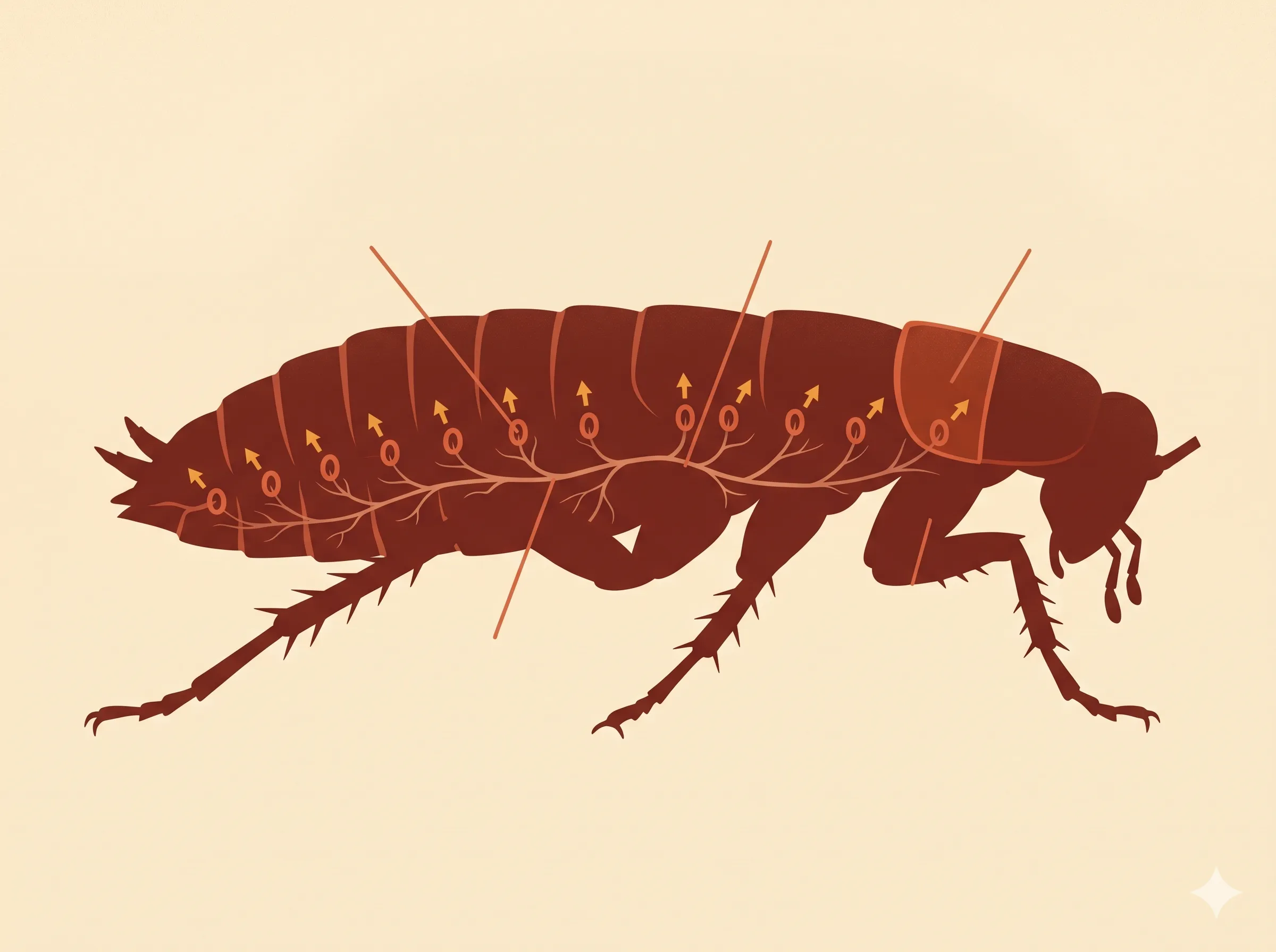 Editorial diagram of a cockroach in side view, with spiracle openings highlighted along each body segment and small arrows indicating independent airflow per segment, on a warm cream background