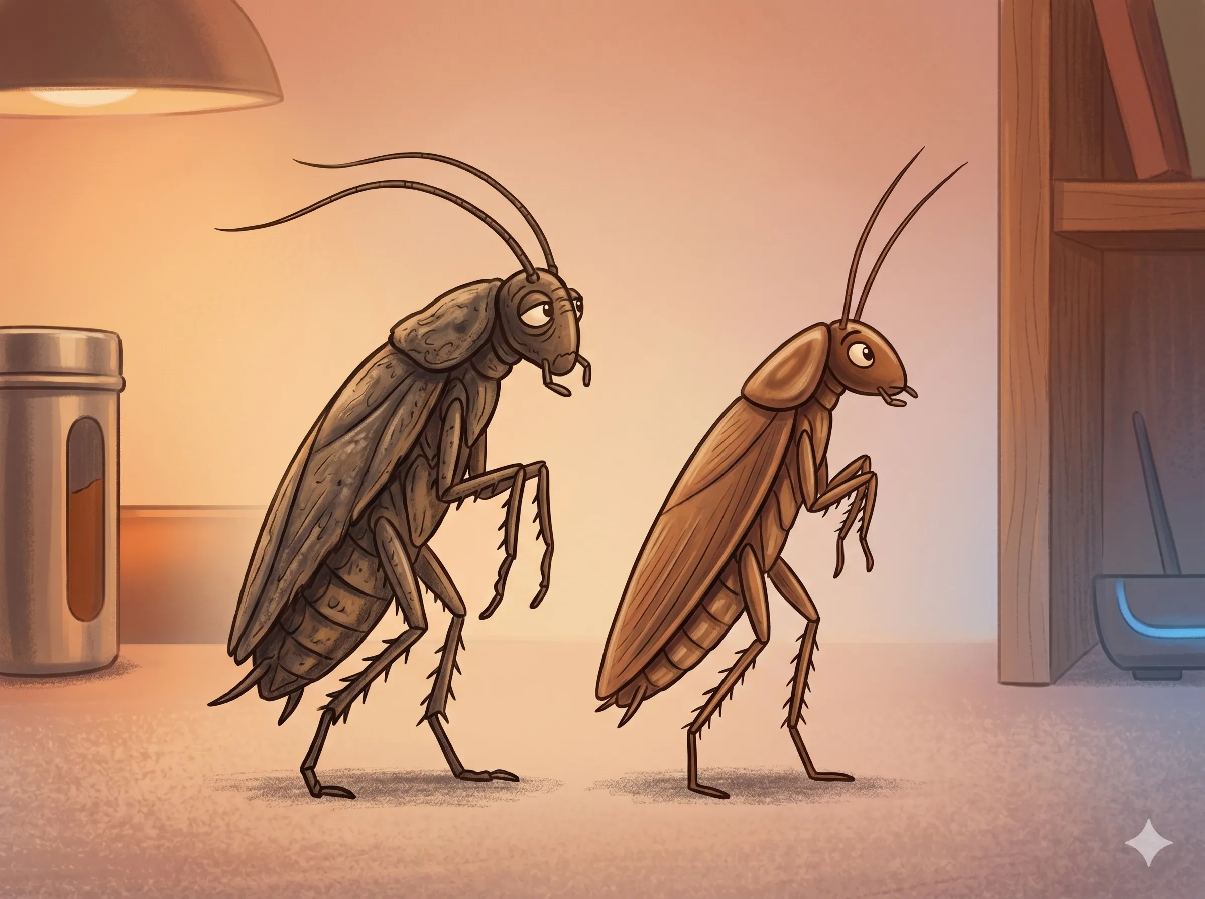 Editorial illustration of an old cockroach and a young cockroach side by side, facing the same direction, in soft warm light