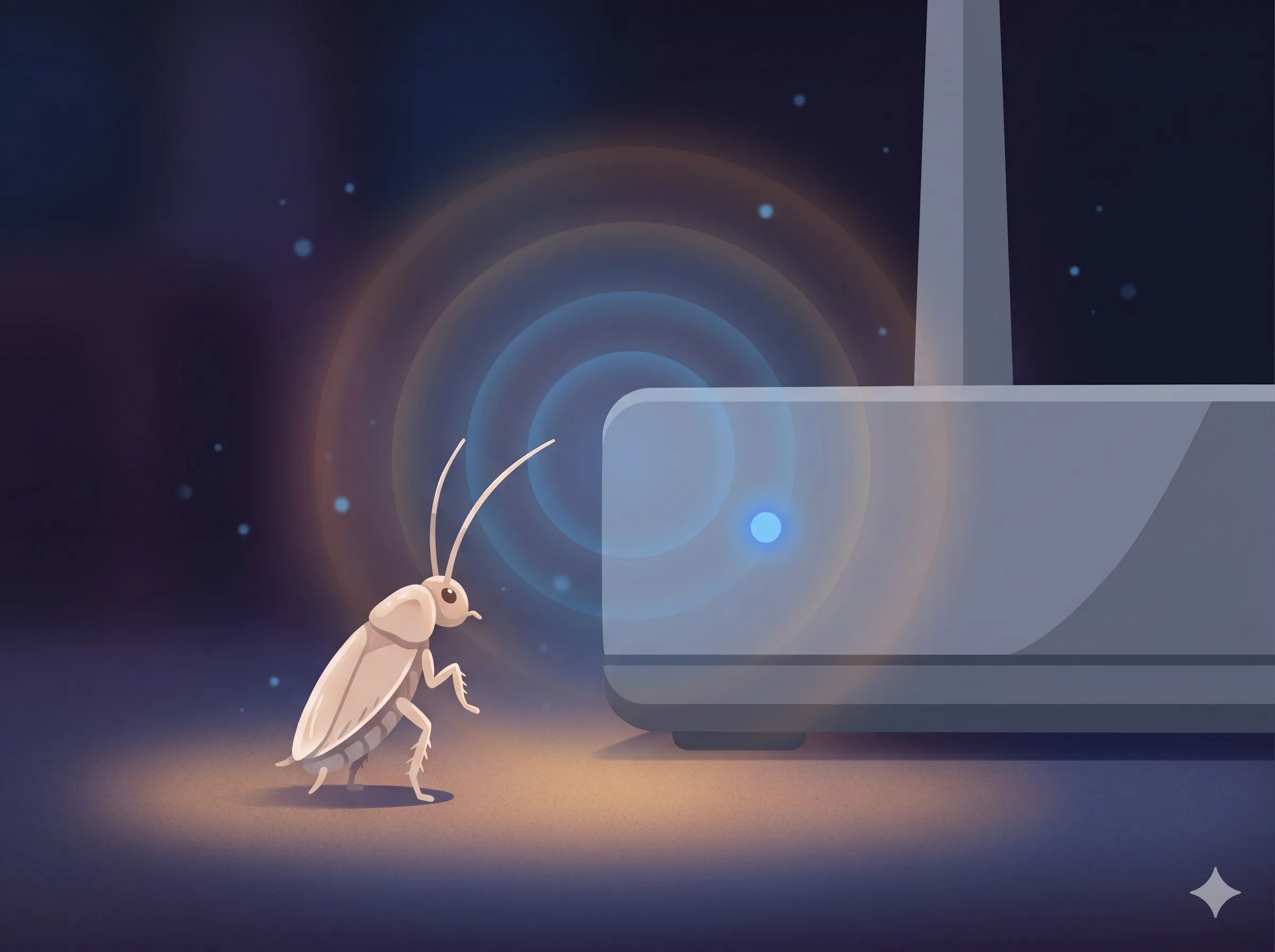 Editorial illustration of a young cockroach standing in the warm blue glow of a router LED, antennae raised in wonder